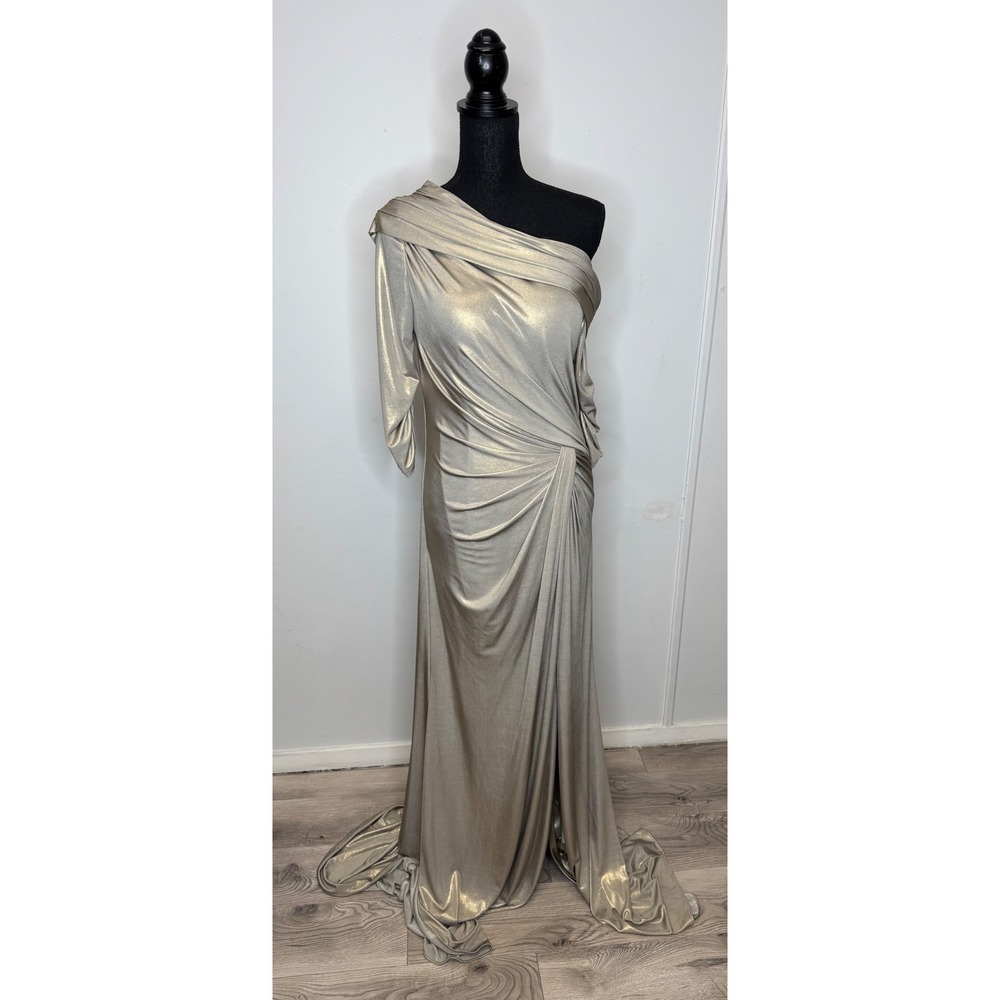 Rene Ruiz Collection Champagne Metallic Ruched Draped Evening Gown Sz 4